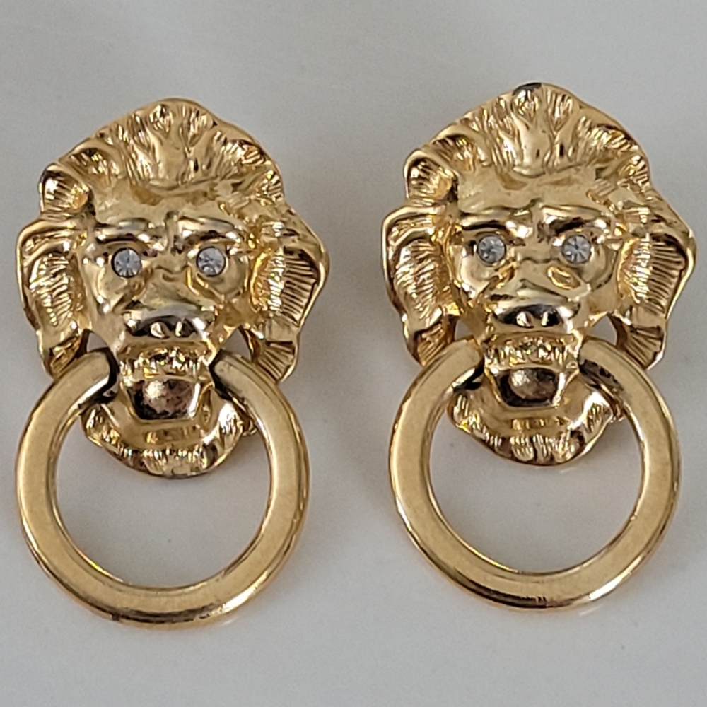 Lion Head Door Knocker Earrings Gold Plated Crystal Eyes KENNETH J LANE x AVON